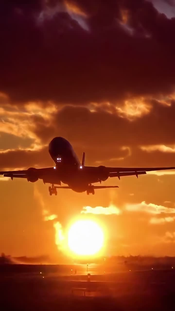 Video drammatico con angolazione dal basso di un aereo che decolla al tramonto, che mette in risalto i cieli vivaci
