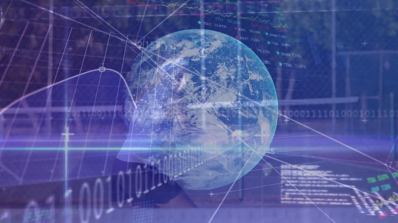 Animation of data, globe and binary code over caucasian woman playing tennis