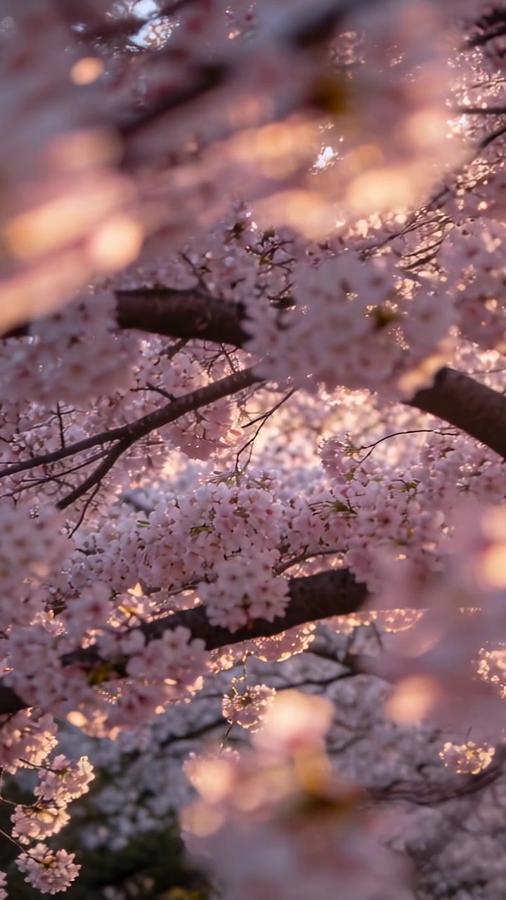 Video verticale: La telecamera sposta il fuoco, rivelando morbidi fiori di sakura rosa in un giardino, mostrando il bokeh