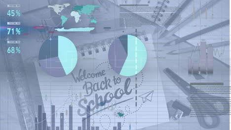 animación del procesamiento de datos sobre el texto de regreso a la escuela y los elementos escolares