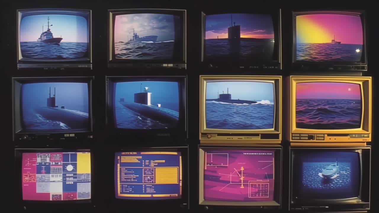 Vintage control room style scene showing a grid of old CRT monitors displaying submarines, warships and radar interfaces on ocean, evoking naval surveillance, maritime security and military themes