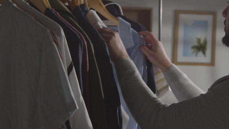 Young Man At Home Choosing Business Suit From Clothes Rail For Job Interview