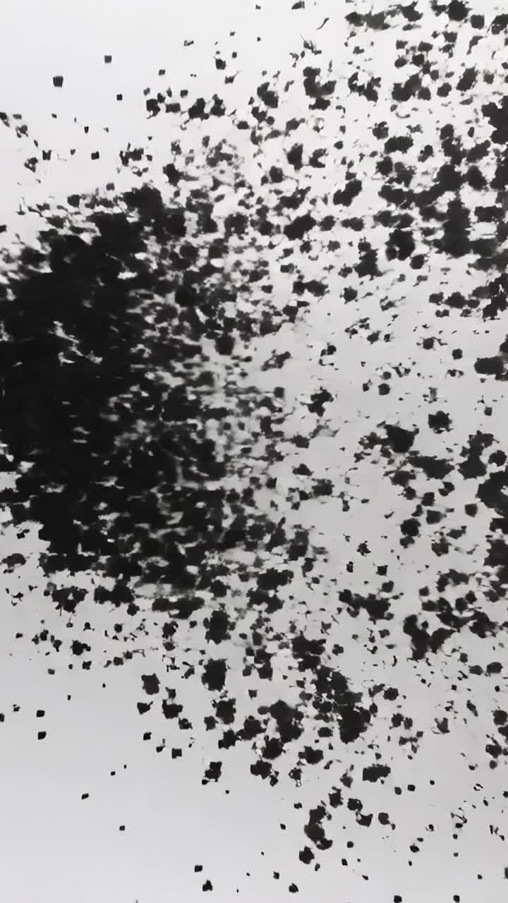 Video verticale: Pannello a doghe che si incrina sul bordo destro espellendo cubi neri su uno sfondo bianco da studio