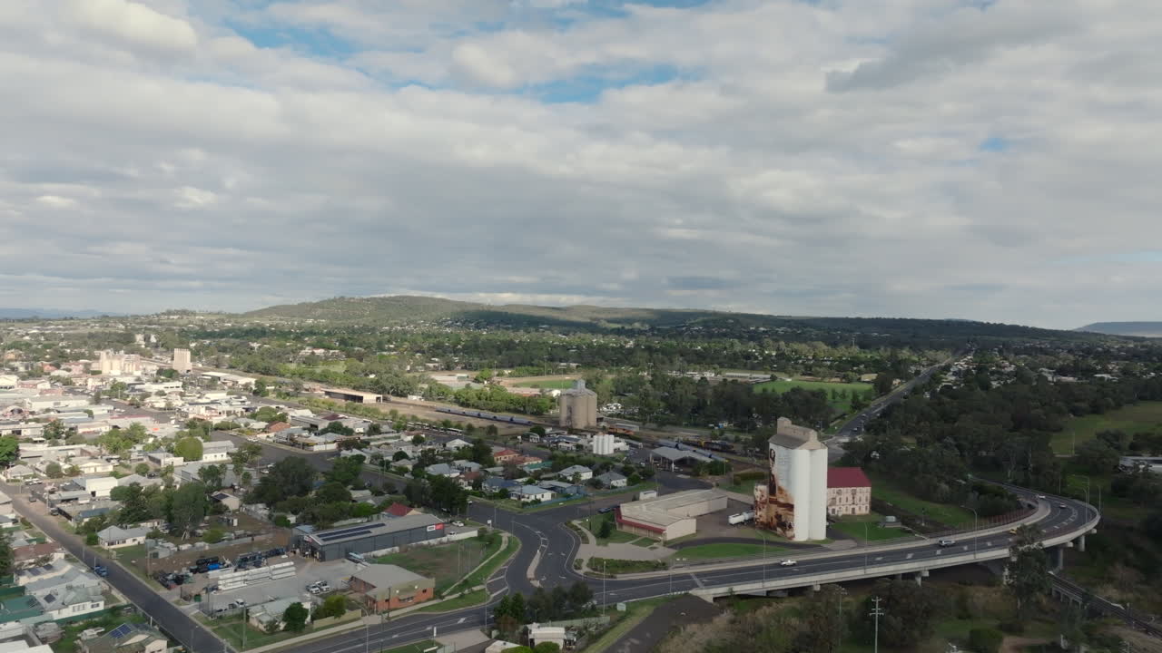Drone footage showing the town of Gunnedah and it's silo in New South Wales, Australia.