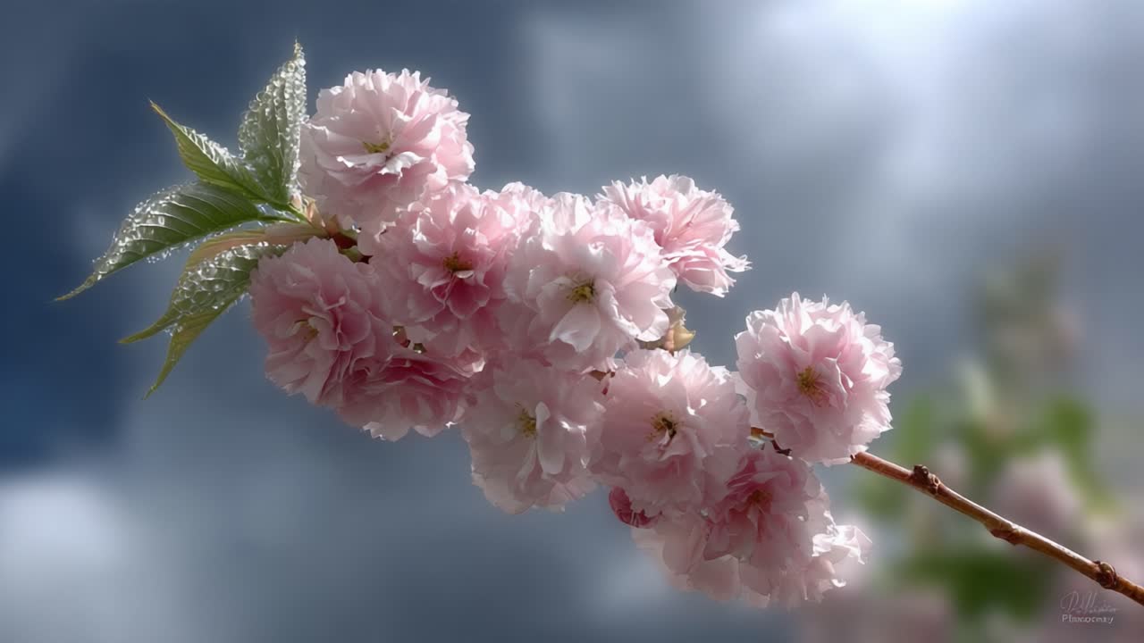Delicate Cherry Blossom Branch Glimmering with Droplets Under Soft Radiance of Light, Capturing Nature's Beauty and Transience in an Enchanting Floral Display