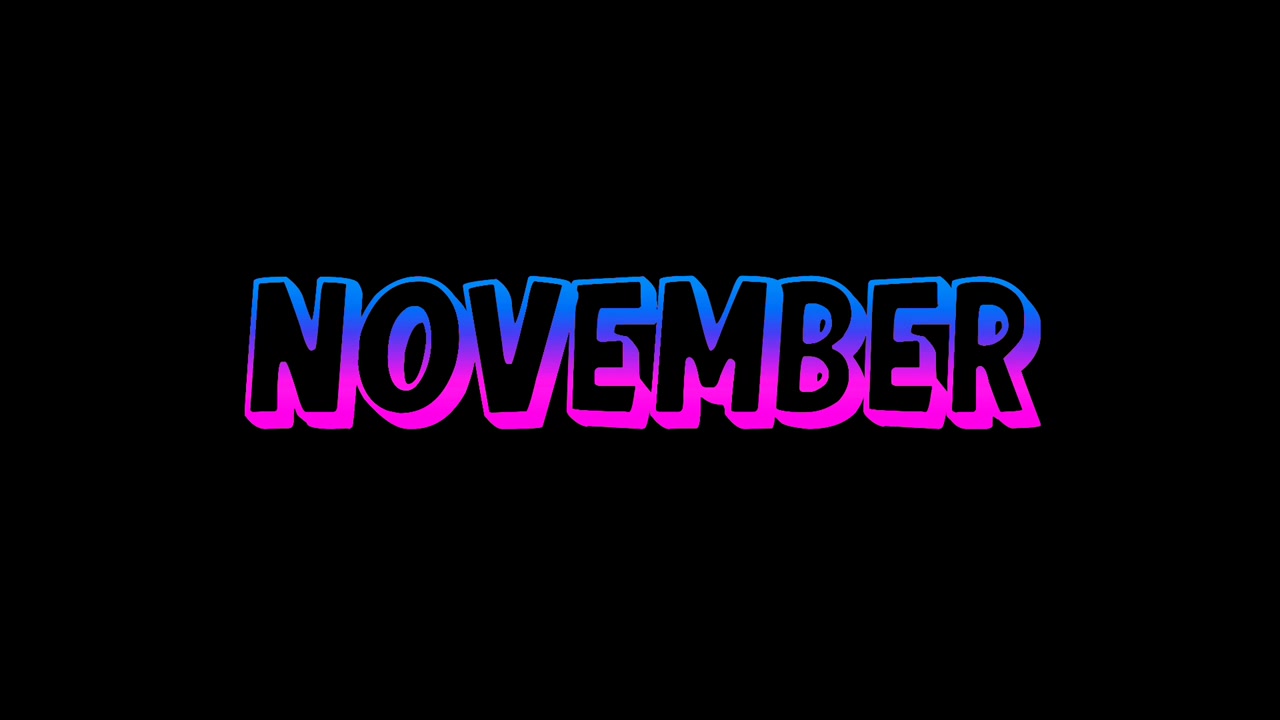 Animazione di testo neon "Novembre" con effetto sfumato luminoso blu e rosa su sfondo nero. Tipografia luminosa moderna che presenta il mese di Dicembre in uno stile neon vibrante.