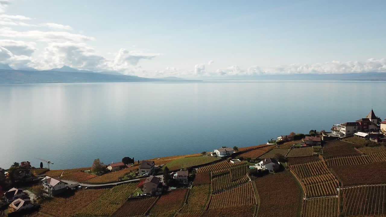 vista de drones del lago leman, suiza y los viñedos de lavaux sobre él