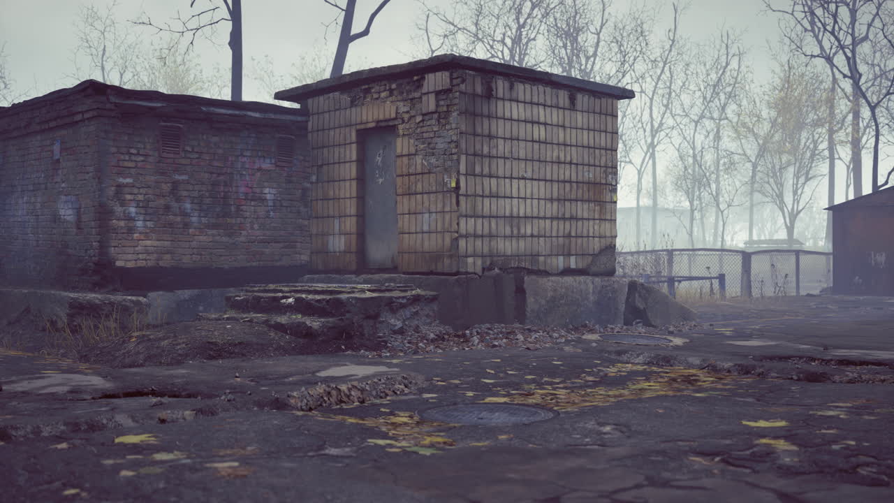 Eerie abandoned structures shrouded in mist and surrounded by bare trees