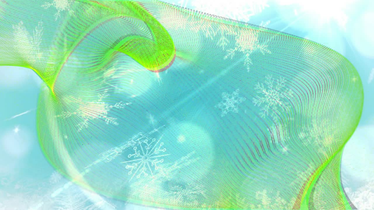 Translucent green ribbon appearing upper-left unrolling and waving across scene framing snowflakes