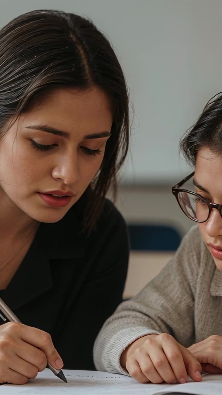 Video vertical: Tutor inclinado señalando con un bolígrafo un cuaderno en un escritorio, con un adolescente con jersey y gafas observando.