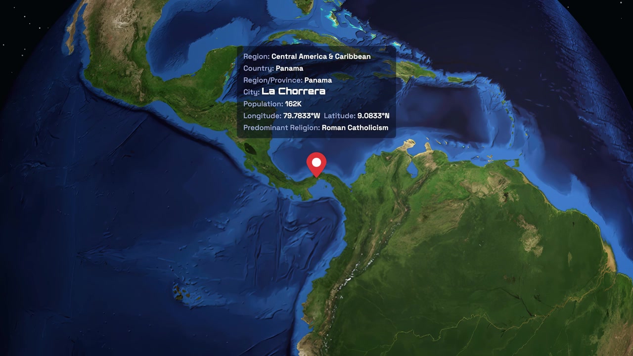 A digital globe rotates and zooms into Panama, revealing specific city data and coordinates