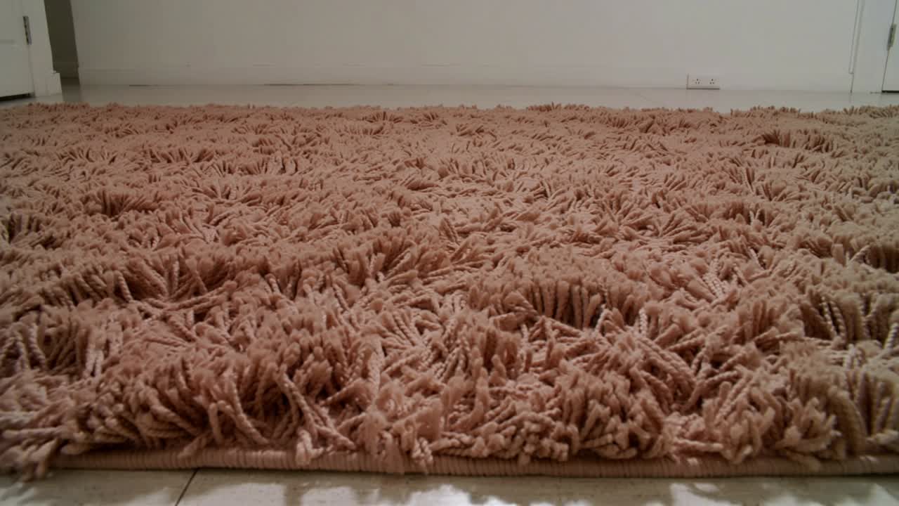 Recording beige shag rug shifting fibers on tiled floor near closed door, showing air movement