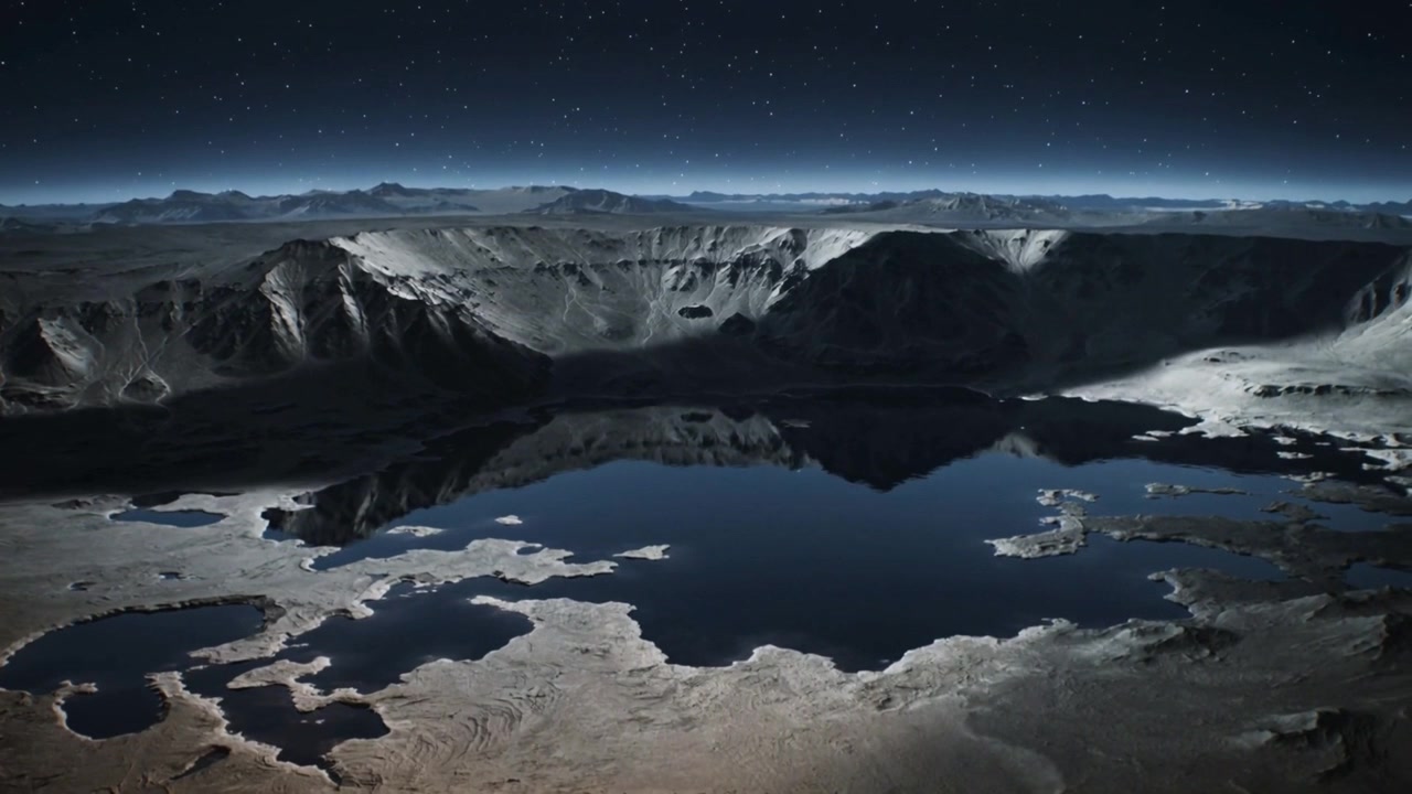 Pulling back camera revealing central crater lake at night, exposing rim, pools, star field
