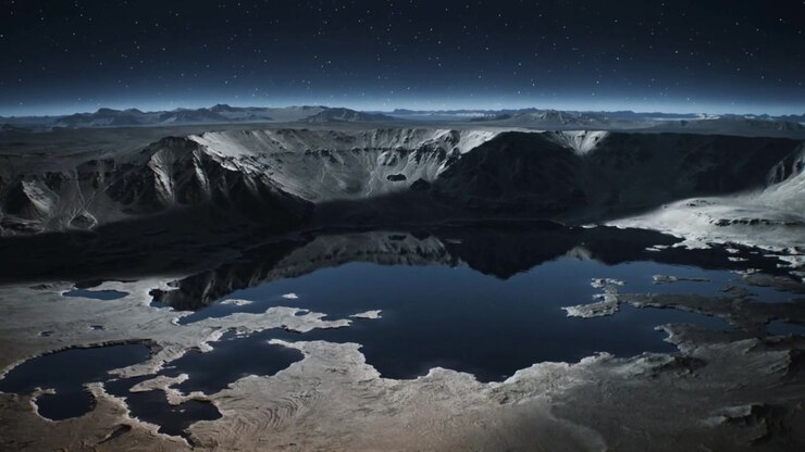 Pulling back camera revealing central crater lake at night, exposing rim, pools, star field