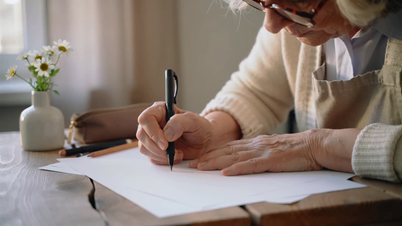 Donna anziana china in avanti che traccia segni su fogli bianchi vicino alla finestra, scrivendo un appunto con una penna nera.