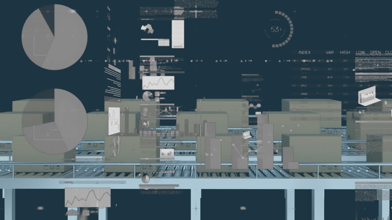 창고의 컨베이어 벨트에 있는 카드보드 상자 위에서 통계와 데이터 처리의 애니메이션