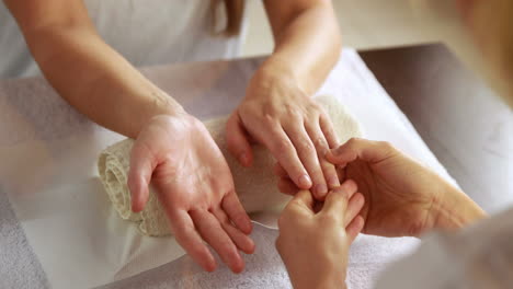 Beauty-therapist-massaging-customers-hands