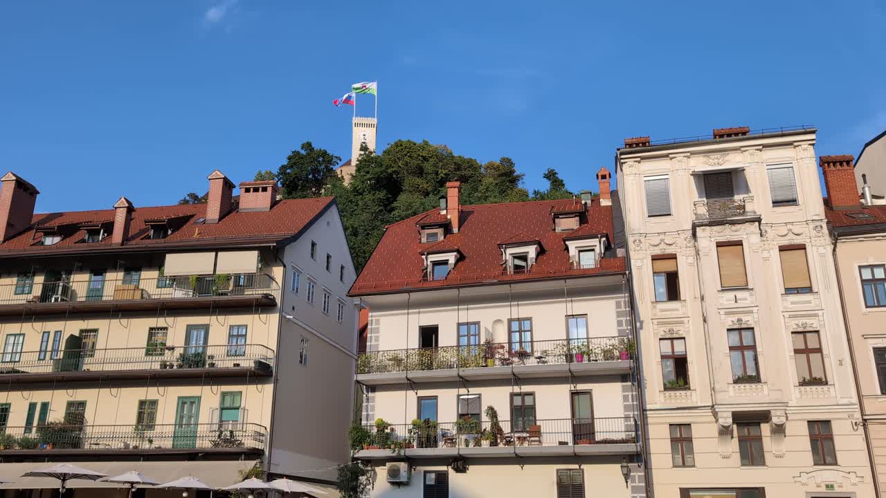 Ljubljana city center with castle and residential buildings