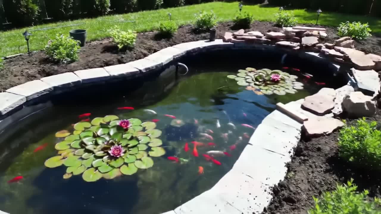 Gardeners work together to create a tranquil pond in a backyard. They install stones, add water plants, and introduce colorful fish under clear blue skies, enhancing the landscape.
