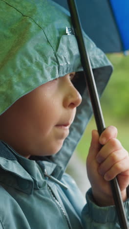 child in hood hides under umbrella from rain. thoughtful little boy in waterproof jacket walks with parasol under spring rain in park. healthy activity