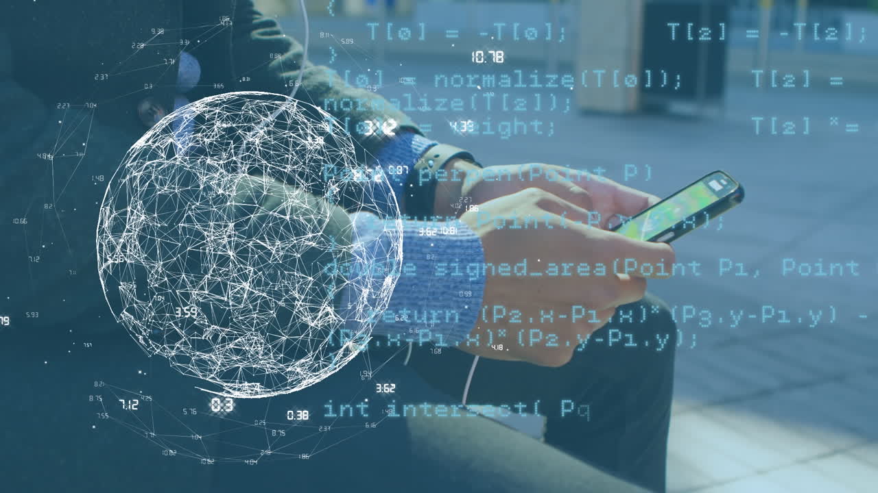 animación del globo y procesamiento de datos sobre un empresario caucásico que usa un teléfono inteligente