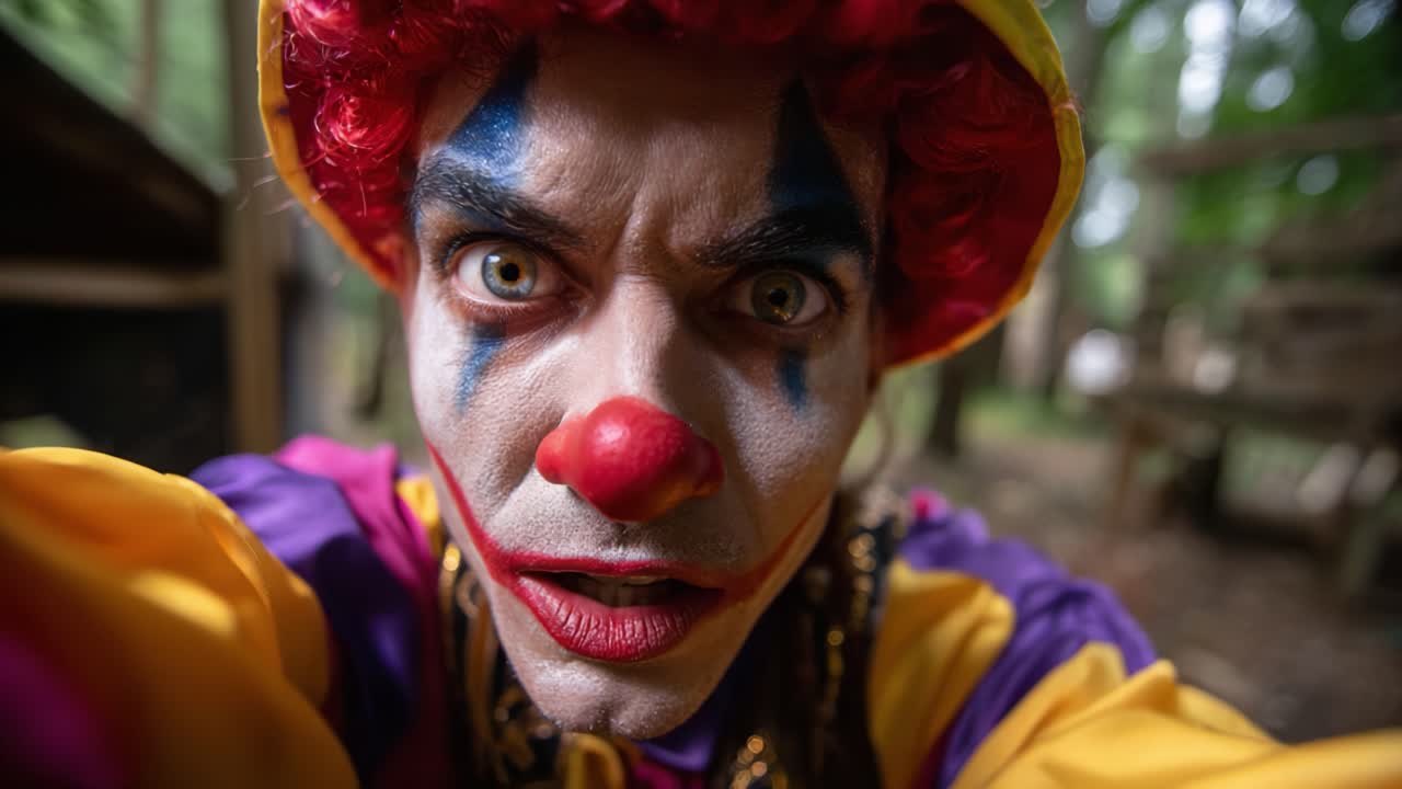 A Mysterious Clown Peering Through the Camera Lens, Expressing Intense Emotion and Intrigue in a Forest Environment Filled with Shadows and Light