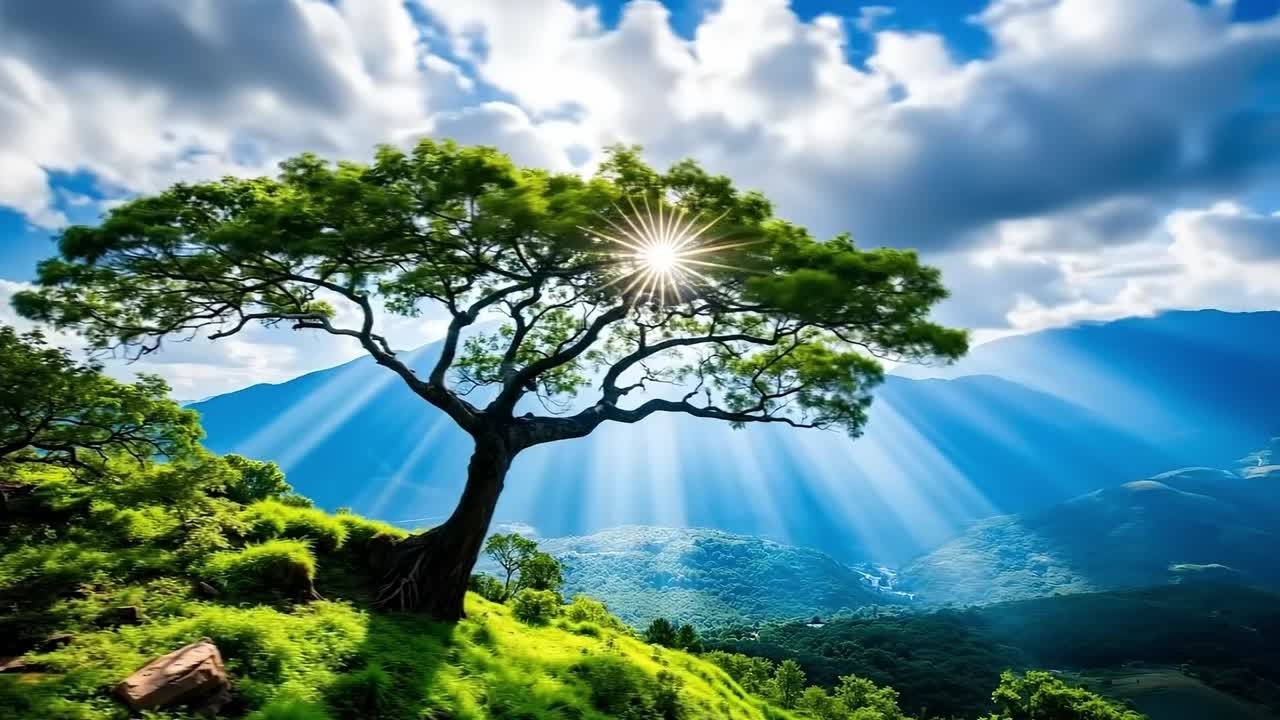 A lone tree in the middle of a lush green hillside