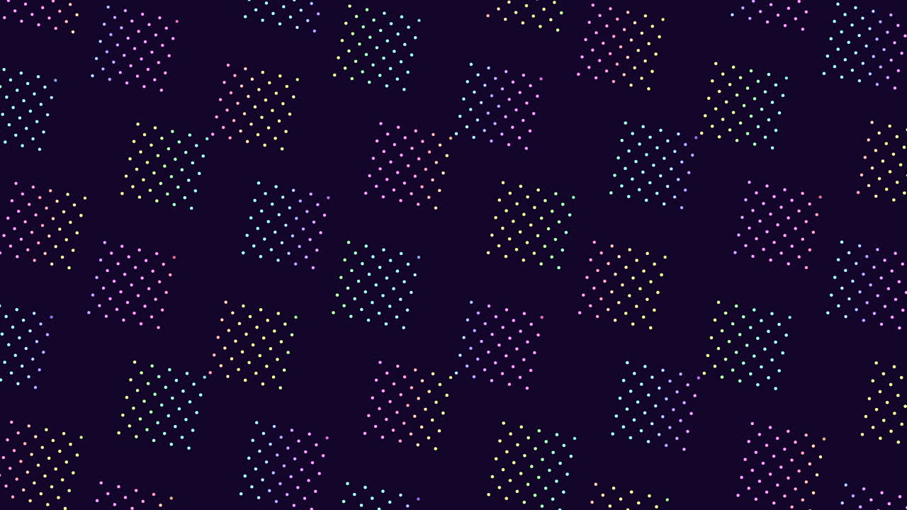 Neon rainbow squares pattern in rows from led dots on black gradient