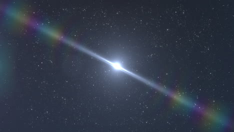mancha azul brillante de luz brillante y destello de lente del arco iris en el cielo nocturno