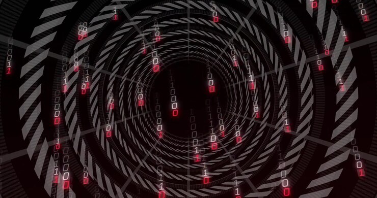 After one second binary clusters appearing at tunnel top cascading through rings showing data flow