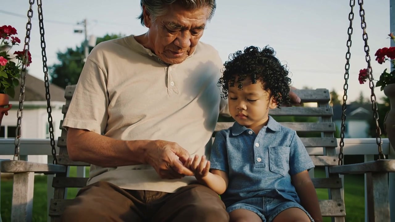 Offering palm child showing dark speck, senior in beige henley pointing at palm on porch swing