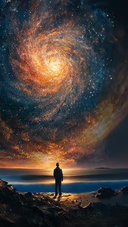 person gazing at colorful galaxy over ocean at sunset