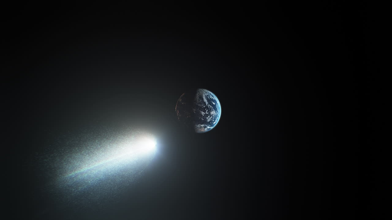 Catching Up to Comet in Deep Space with Ice Debris Particles Heading Towards Planet Earth on Black Background. Glowing Mysterious Object Hurtling Through Galaxy. 3D Animation Rendering of 3i Atlas