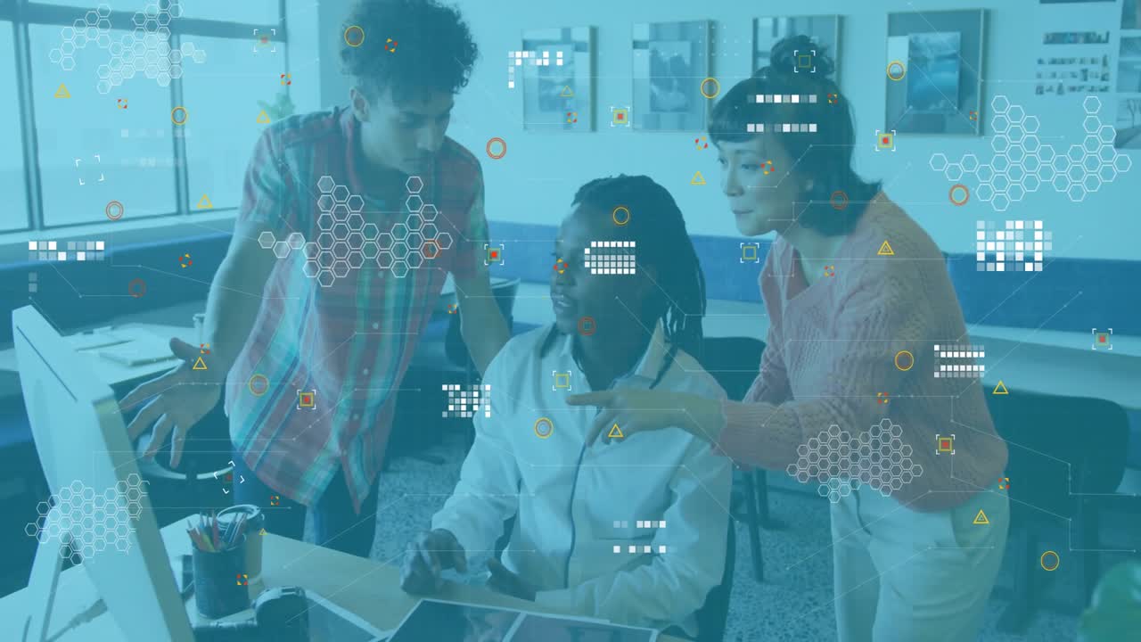 design team clicking files, reviewing layouts, animating data points, charts, lines over office