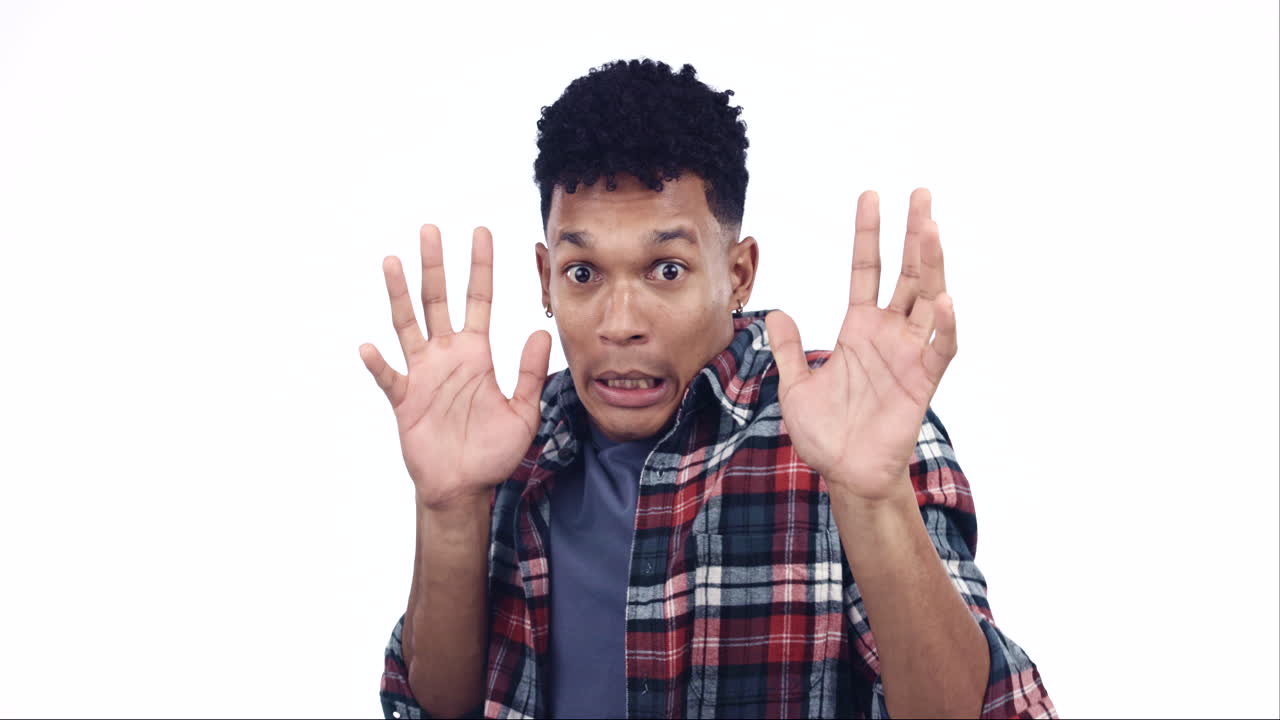 Fear, horror and man with hands up