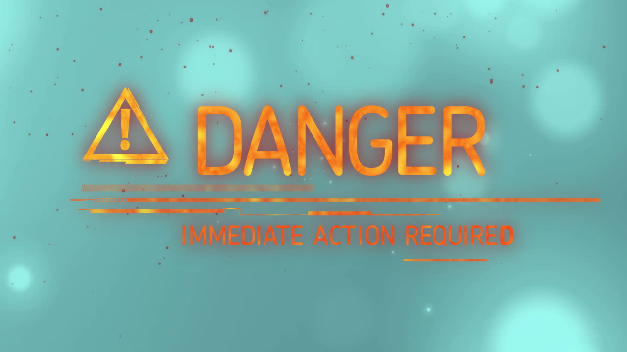 Animation of danger text and light spots moving over green background