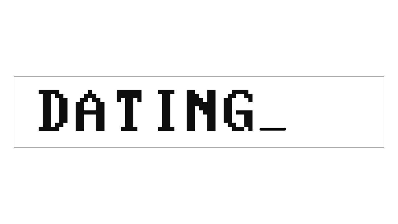 Pixelated computer font animation spells out DATING on white background