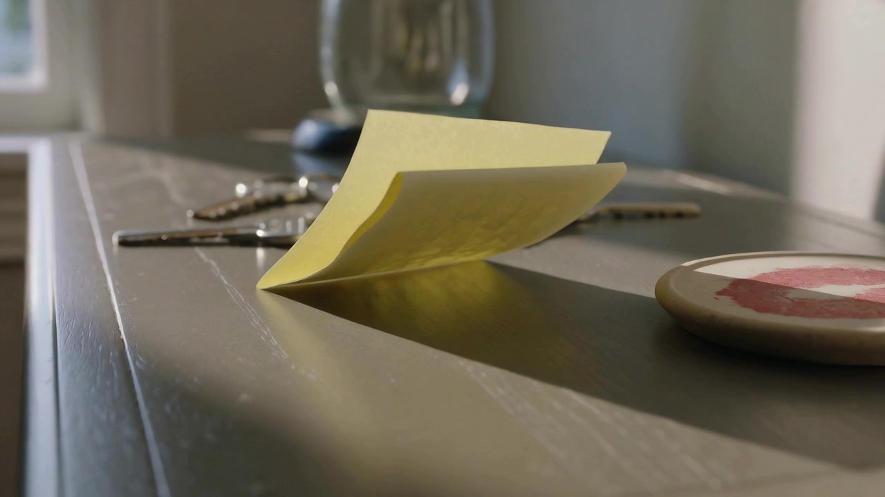 Lifting yellow note pad top sheet from breeze on bedside table by window, showing handwriting, keys
