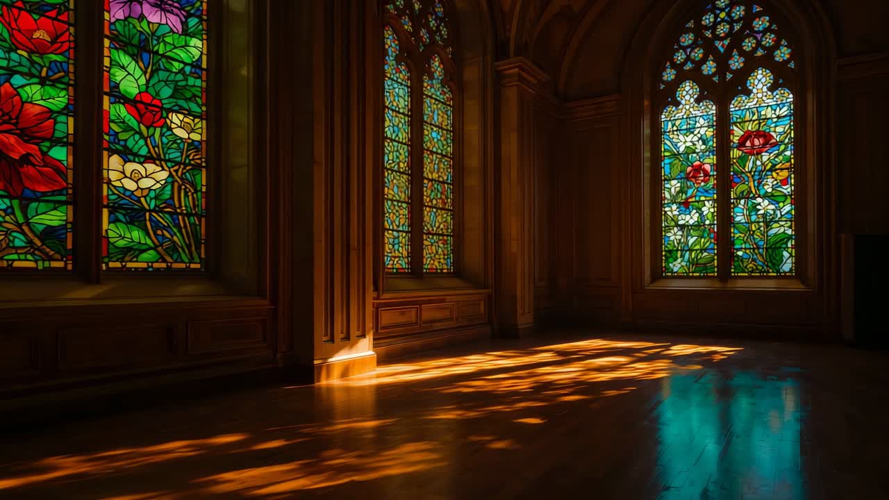 Streaming sunlight shifting floral reflections across chapel hall, from stained-glass windows