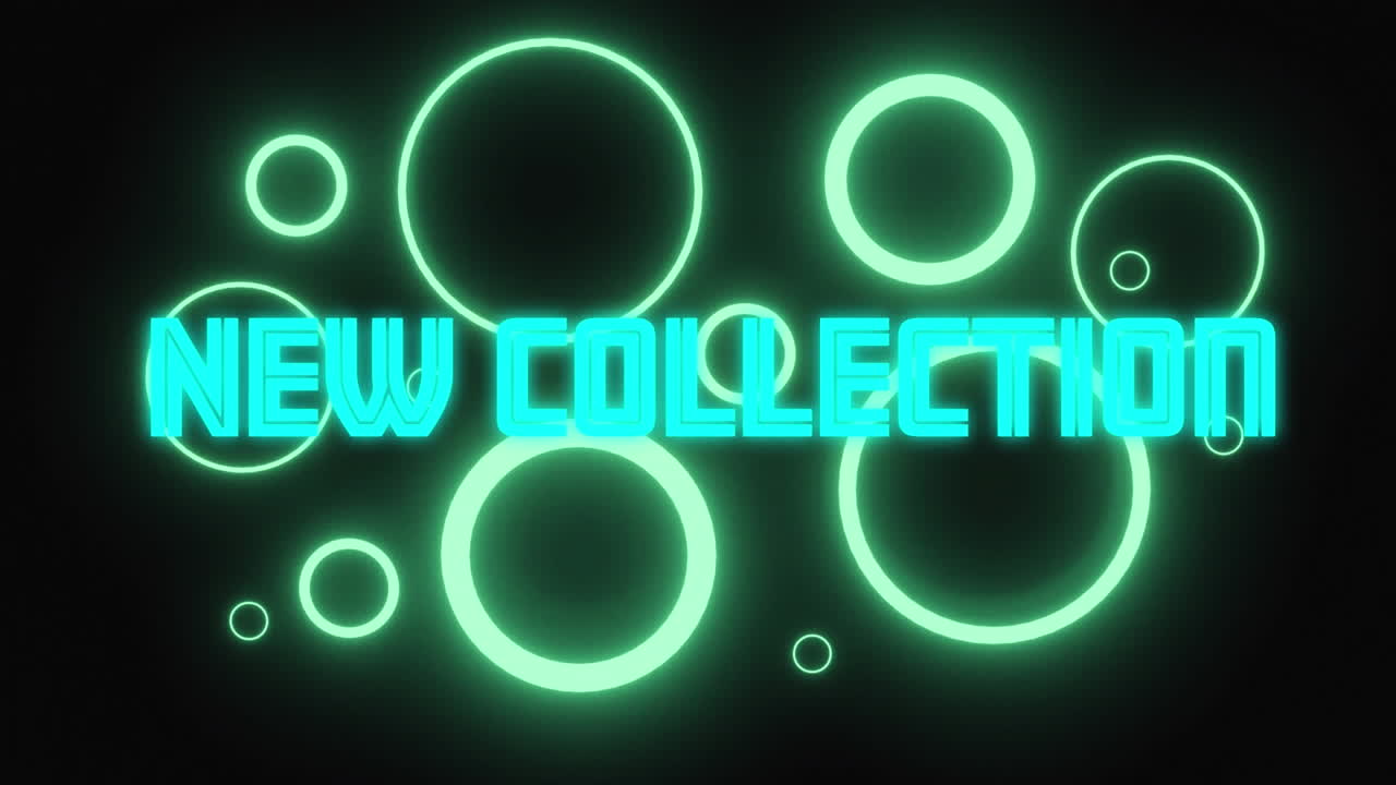 추상적인 검은 바탕에 파란색과 노란색 글자로 새로운 컬렉션의 애니메이션