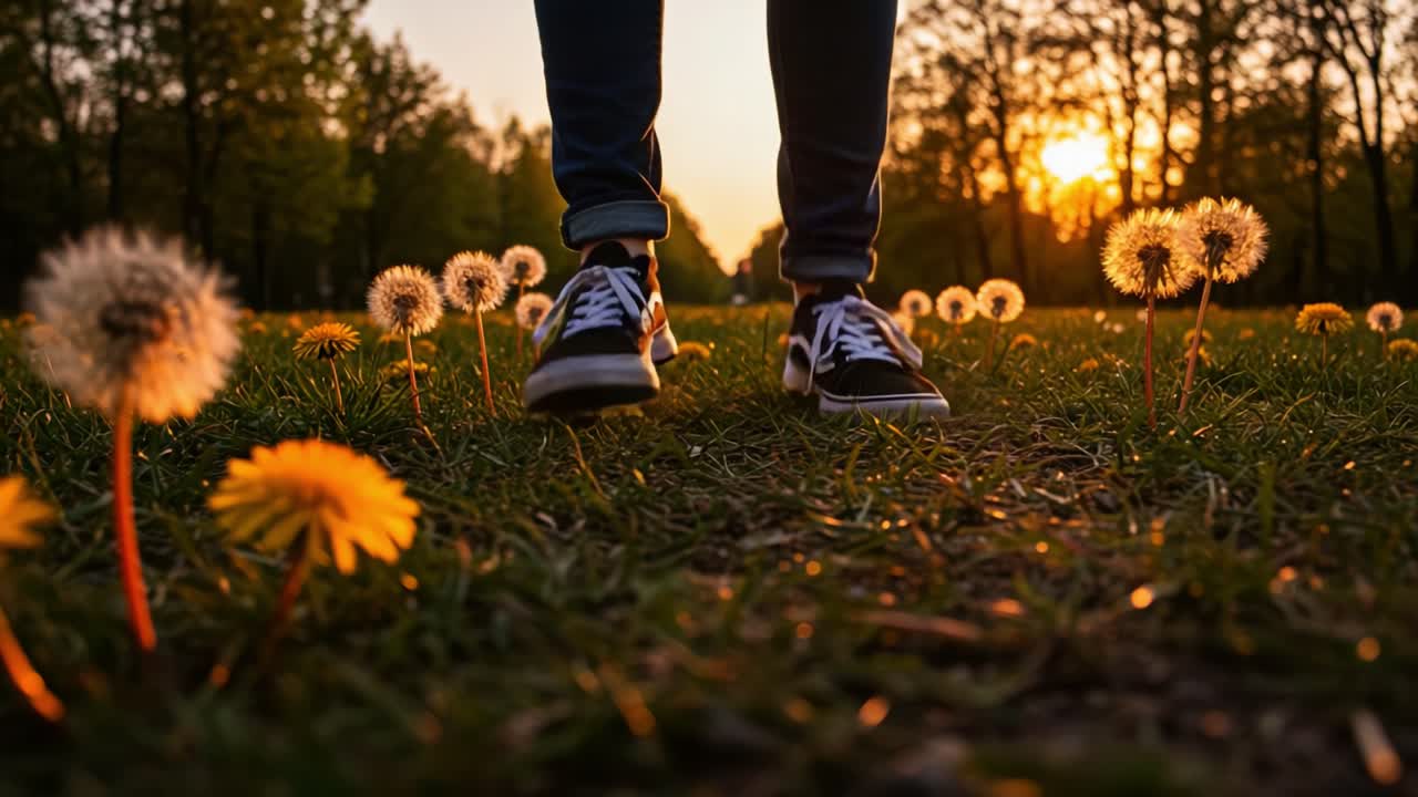 A Tranquil Sunset Scene with Dandelions and Wildflowers Framing the Feet of a Person Standing Amid Nature's Beauty and Serenity