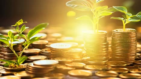 a stack of coins with a plant growing out of it