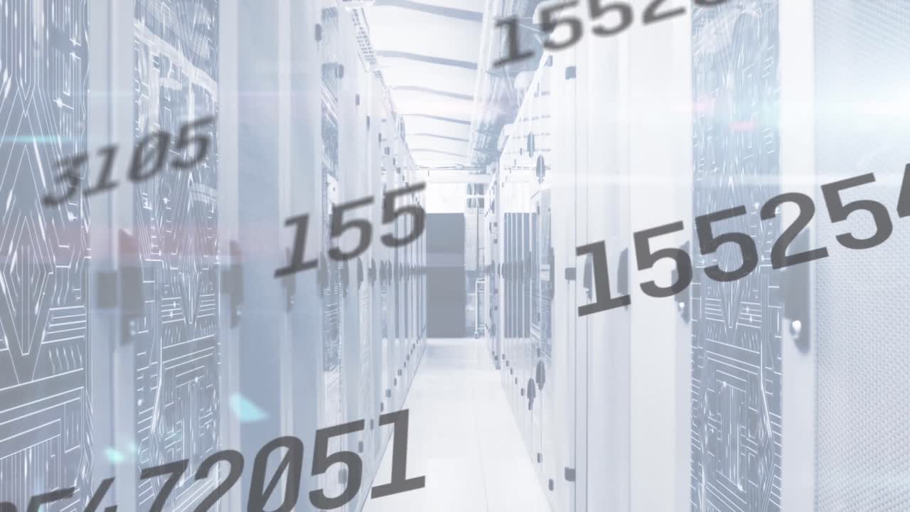 animación de números cambiando sobre la sala de tecnología con servidores de computadora