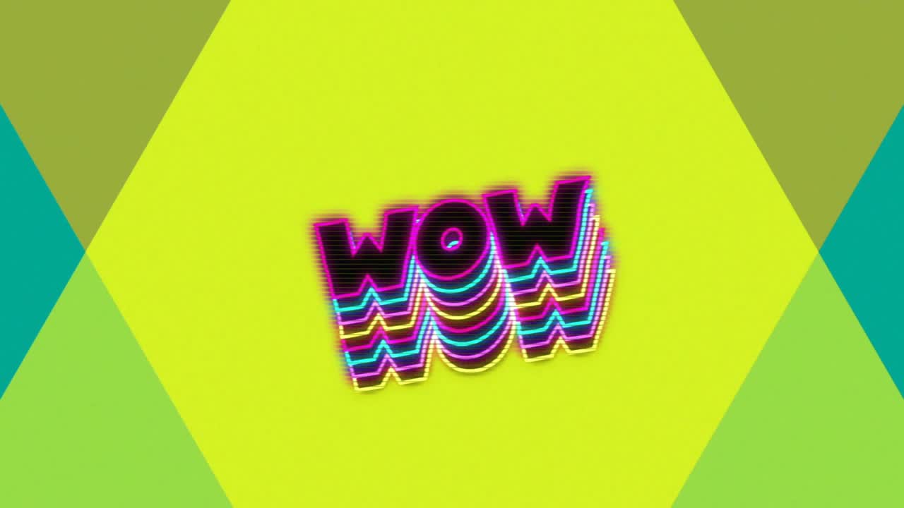 Zu Beginn erscheint ein Neon-WOW, wobei fünf Ebenen verschmelzen und pulsierend ineinander übergehen, während Farbwechsel das "WOW" betonen.