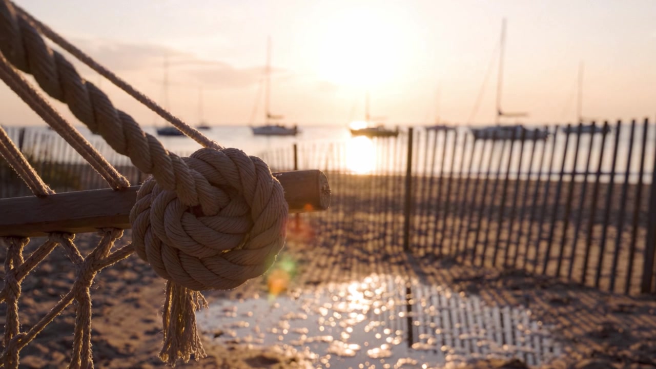 Un bellissimo tramonto su una spiaggia tranquilla, con un nodo dettagliato su un palo di legno e barche che galleggiano dolcemente sullo sfondo, creando un'atmosfera serena.