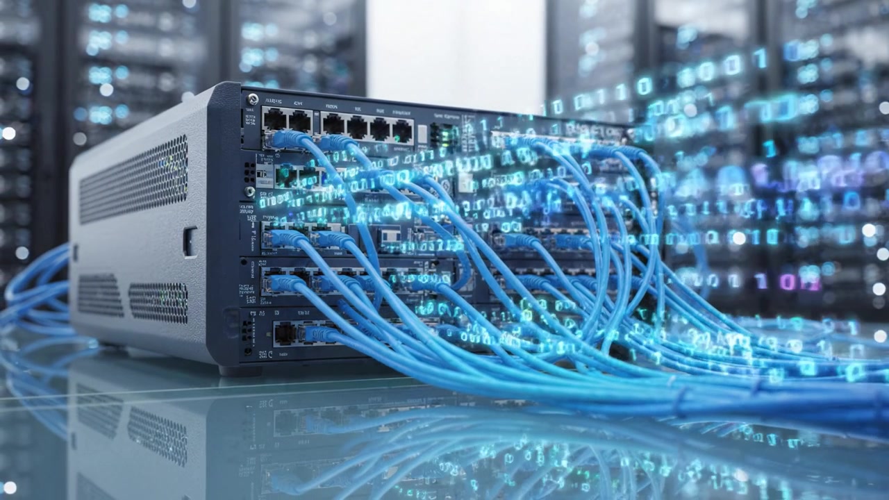 Network Equipment in Data Center: A Close-Up of a High-Performance Switch with Various Data Cables Connected, Highlighting Modern Digital Infrastructure