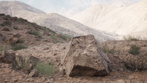 a large rock in a desert landscape with mountains in the background