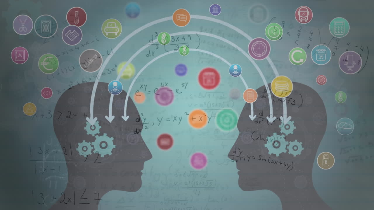 두 개의 인간 얼굴 모델을 공유하는 여러 디지털 아이콘이 수학 방정식에 대해 떠다니고 있습니다.