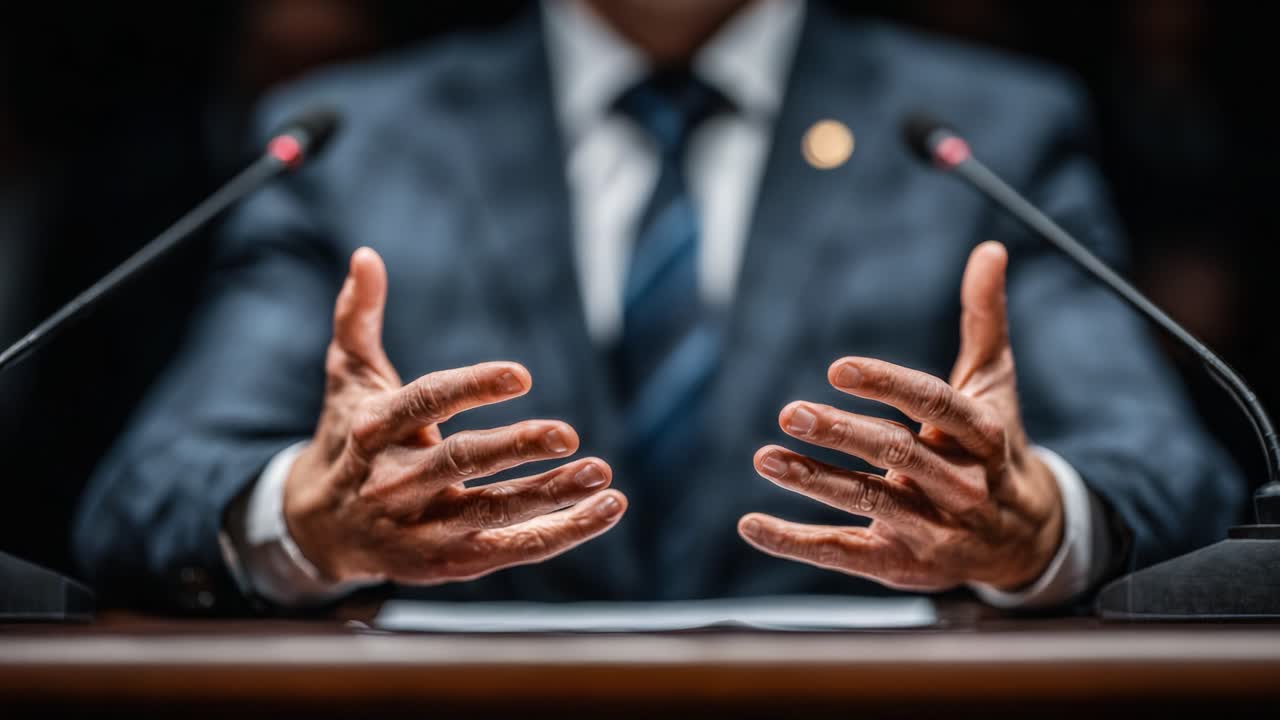 A Focused Individual Engaging in a Serious Discourse, Hands Outstretched to Emphasize Points, Under Bright Red Microphone Lights Captured in a Professional Setting