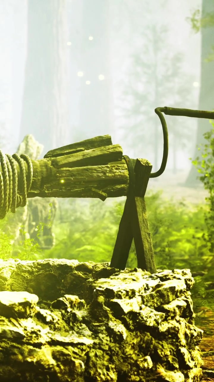 Wooden structure supports a rope in an enchanting forest scene during twilight